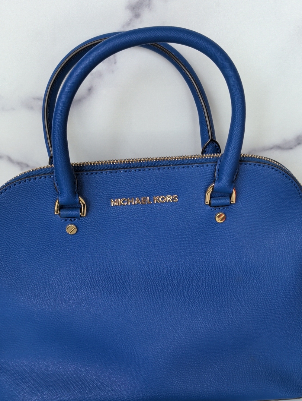 Michael Kors Royal Blue Saffiano Dome Satchel with Gold Hardware
